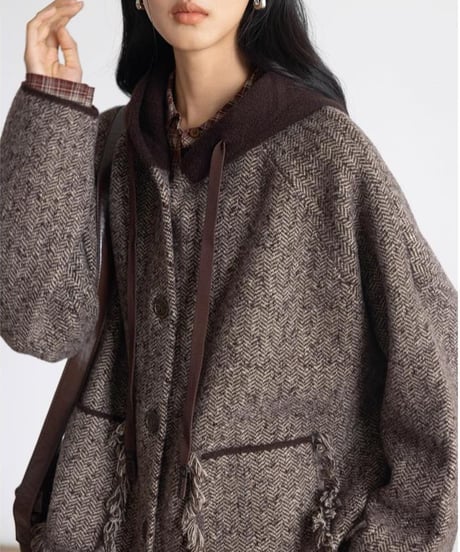 fringe pocket hooded tweed jacket　FL2979