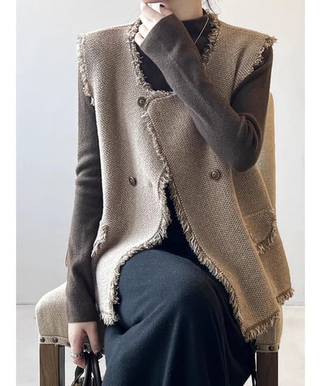 double button fringe vest /2color　FL2588