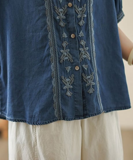 denim embroidered short sleeve blouse　FL3631