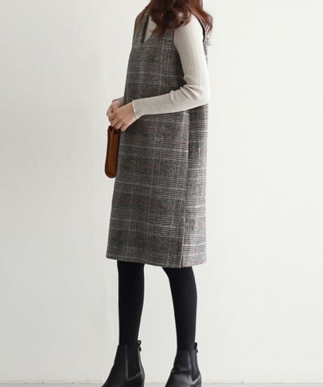 v-neck plaid jumper dress　FL2945