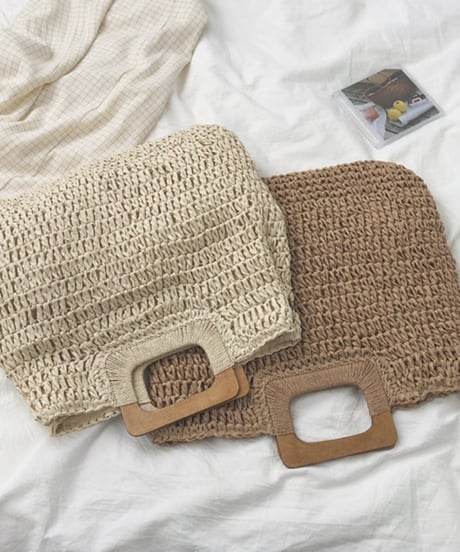 wooden handle straw bag /2color　FL2341
