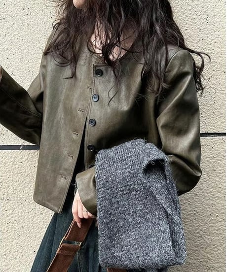 collarless faux leather button jacket　FL2982