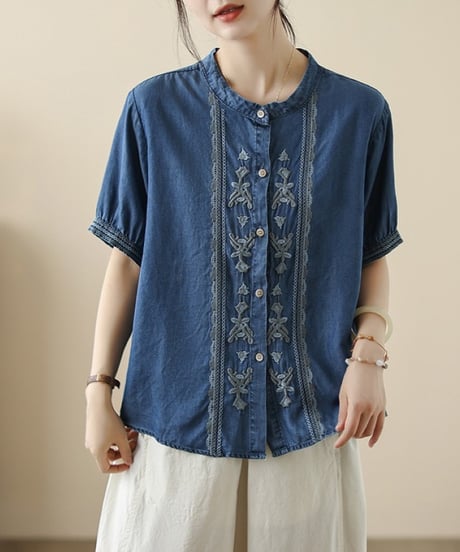 denim embroidered short sleeve blouse　FL3631
