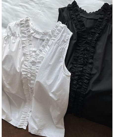 frilled v-neck 2way sleeveless blouse /2color　FL3354