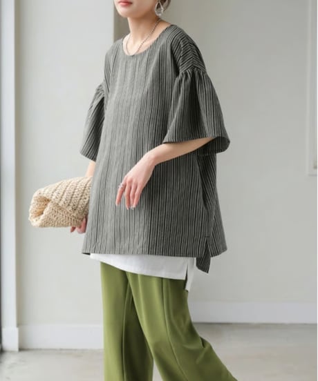 striped bell sleeve lightweight blouse /2color　FL3628