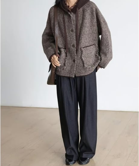 fringe pocket hooded tweed jacket　FL2979
