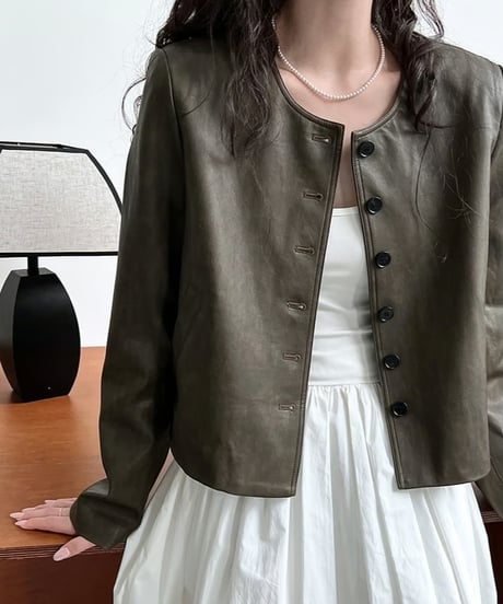 collarless faux leather button jacket　FL2982