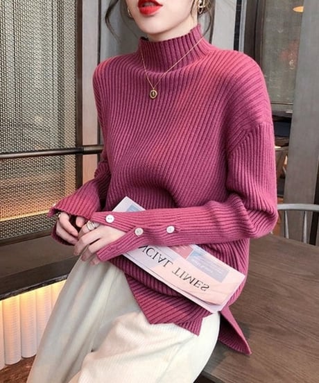half neck sleeve button knit top /5color　FL2647