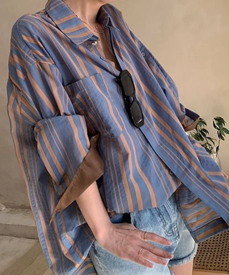 contrast cuffs striped shirt /2color　FL2604