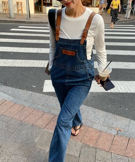 eco leather belt denim overalls　FL2395