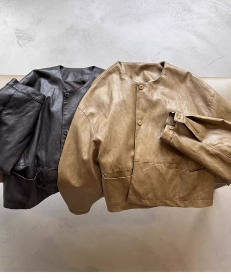 collarless pu leather jacket /2color　FL2814