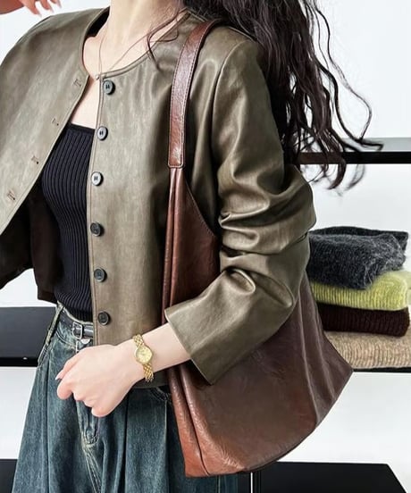 collarless faux leather button jacket　FL2982
