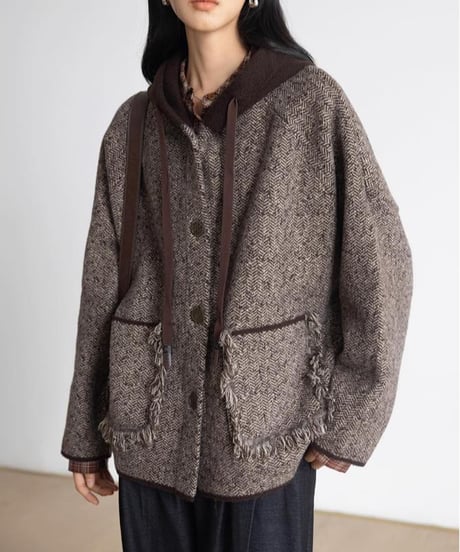 fringe pocket hooded tweed jacket　FL2979
