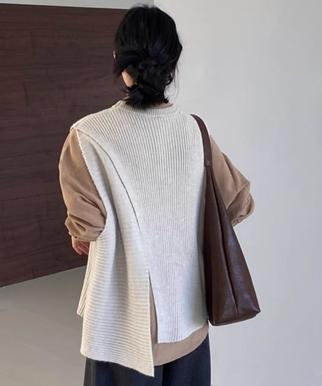asymmetric over-lap knit vest /4color　FL2825