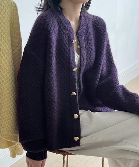 heart button soft knit cardigan /3color　FL2970