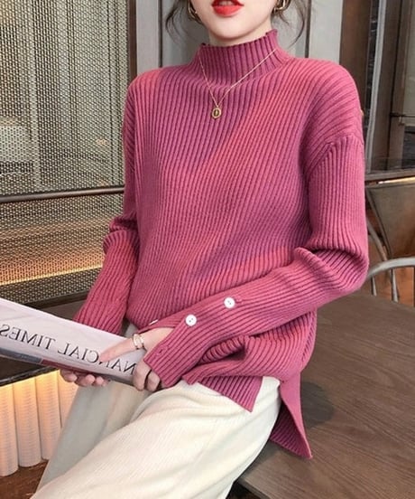 half neck sleeve button knit top /5color　FL2647