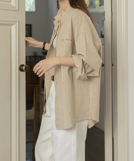 linen blend wide sleeve striped shirt /2color　FL3312
