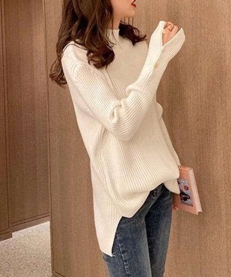 half neck sleeve button knit top /5color　FL2647