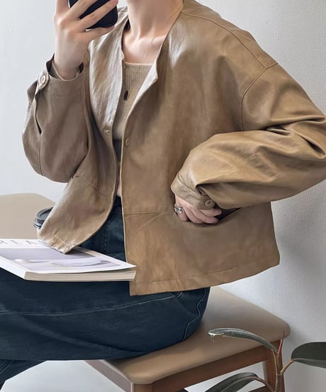 collarless pu leather jacket /2color　FL2814