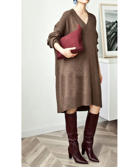loose v-neck knit dress /4color　FL2692