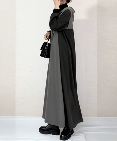 hooded color block long dress / 3color　FL3565