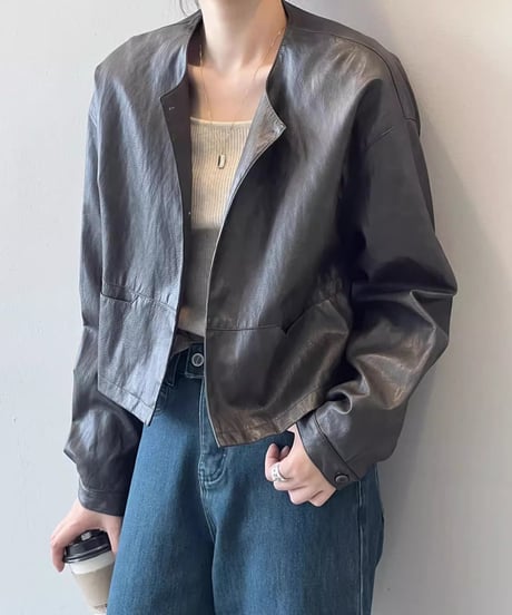 collarless pu leather jacket /2color　FL2814