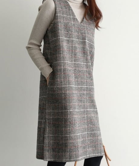 v-neck plaid jumper dress　FL2945