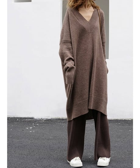 oversized v-neck long knit /3color　FL2494