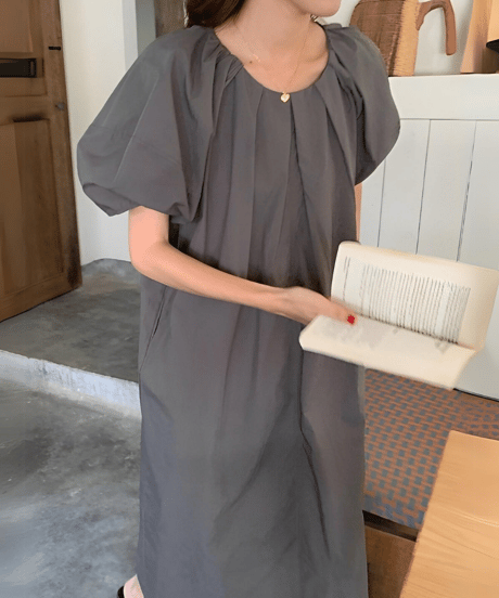 puff sleeve back slit dress /2color　FL2003