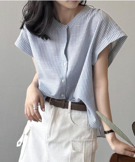 collarless blue striped shirt　FL3355