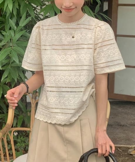 cutwork lace short sleeve tops　FL2157
