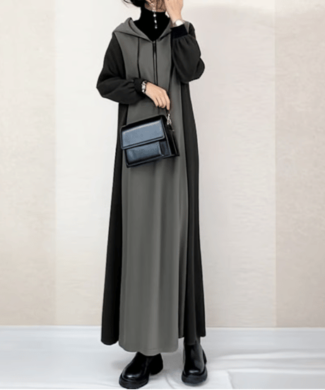 hooded color block long dress / 3color　FL3565