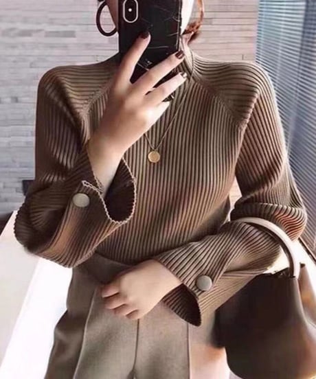 button sleeve high neck knit　FL2666