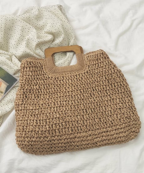 wooden handle straw bag /2color　FL2341