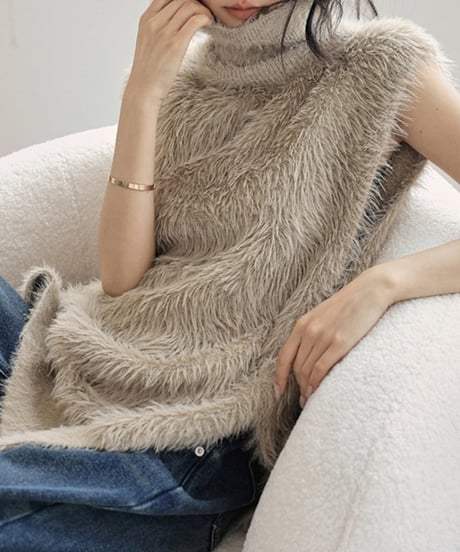 high neck eco fur vest /2color　FL2926