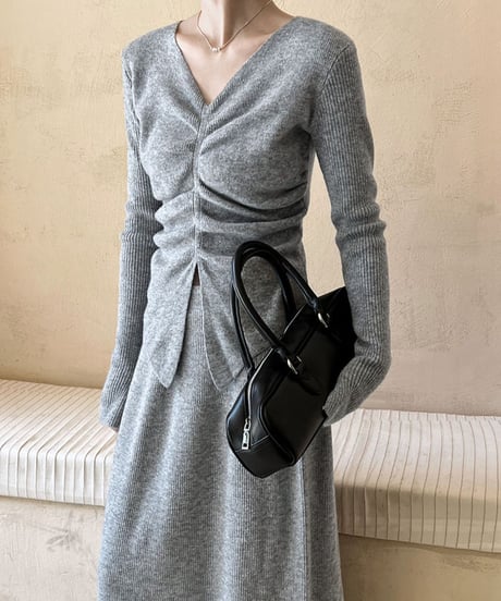 v-neck knit top and skirt set up /3color　FL2809