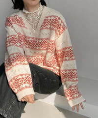 floral border v-neck knit /3color　FL3130