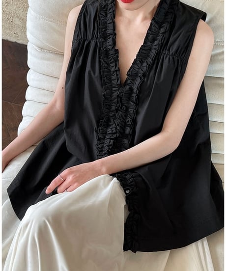 frilled v-neck 2way sleeveless blouse /2color　FL3354