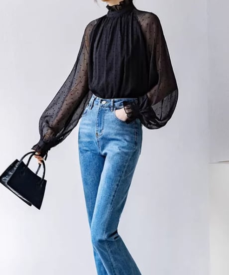 lantern sleeve dot sheer blouse　FL2610