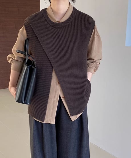 asymmetric over-lap knit vest /4color　FL2825