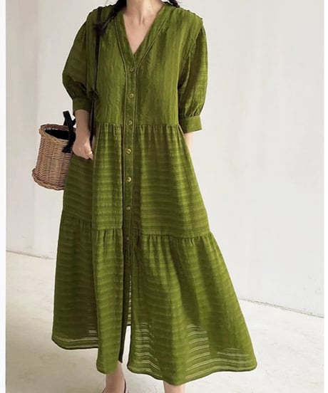 v-neck front opening high waist dress　FL3414