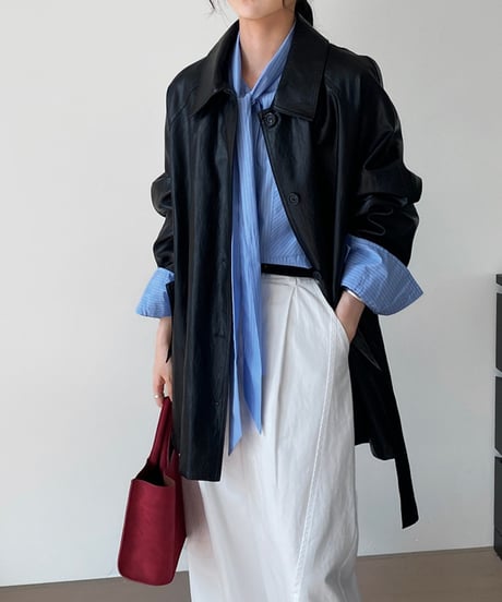 pu leather waist-belt coat /2color　FL2797