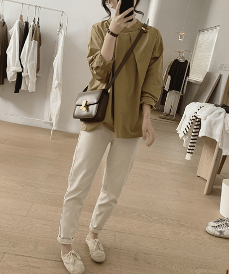 stand collar tuck blouse /4color　FL3582