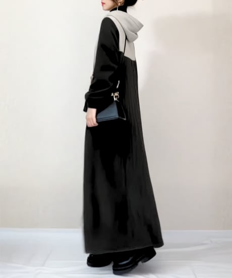 hooded color block long dress / 3color　FL3565