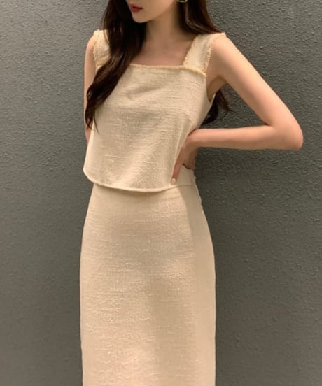 fringe lace vest & tweed skirt　FL2414