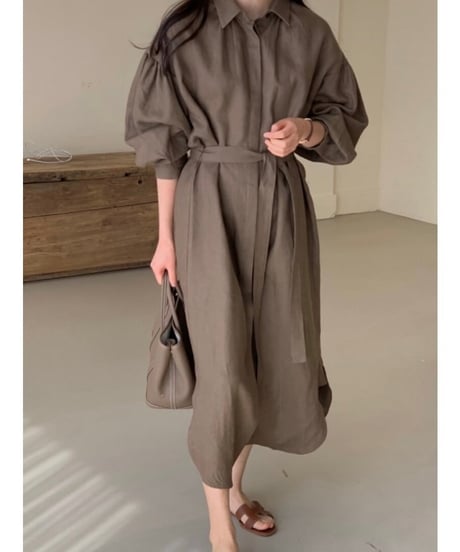waist-marked volume sleeve dress /2color　FL2005