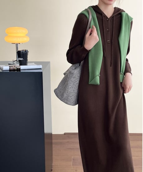 hooded long knit dress /6color　FL3054