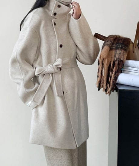 stand collar wool coat w/waist belt /2color　FL3074