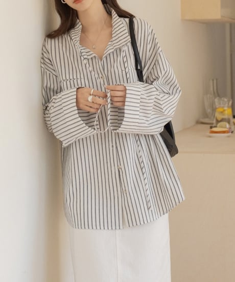linen blend wide sleeve striped shirt /2color　FL3312