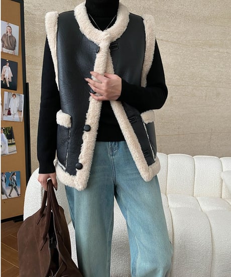 pu leather boa reversible vest　FL3123